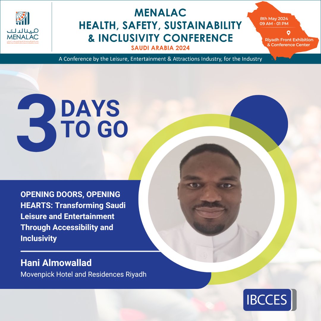 3 days to go until the @menalac Health, Safety, Sustainability, & Inclusivity Conference! Meet Hani Al Mowallad, the Director of Talent & Culture at Mövenpick Hotels & Resorts Riyadh. #IBCCES #MENALAC #SaudiLeisure #InclusionMatters