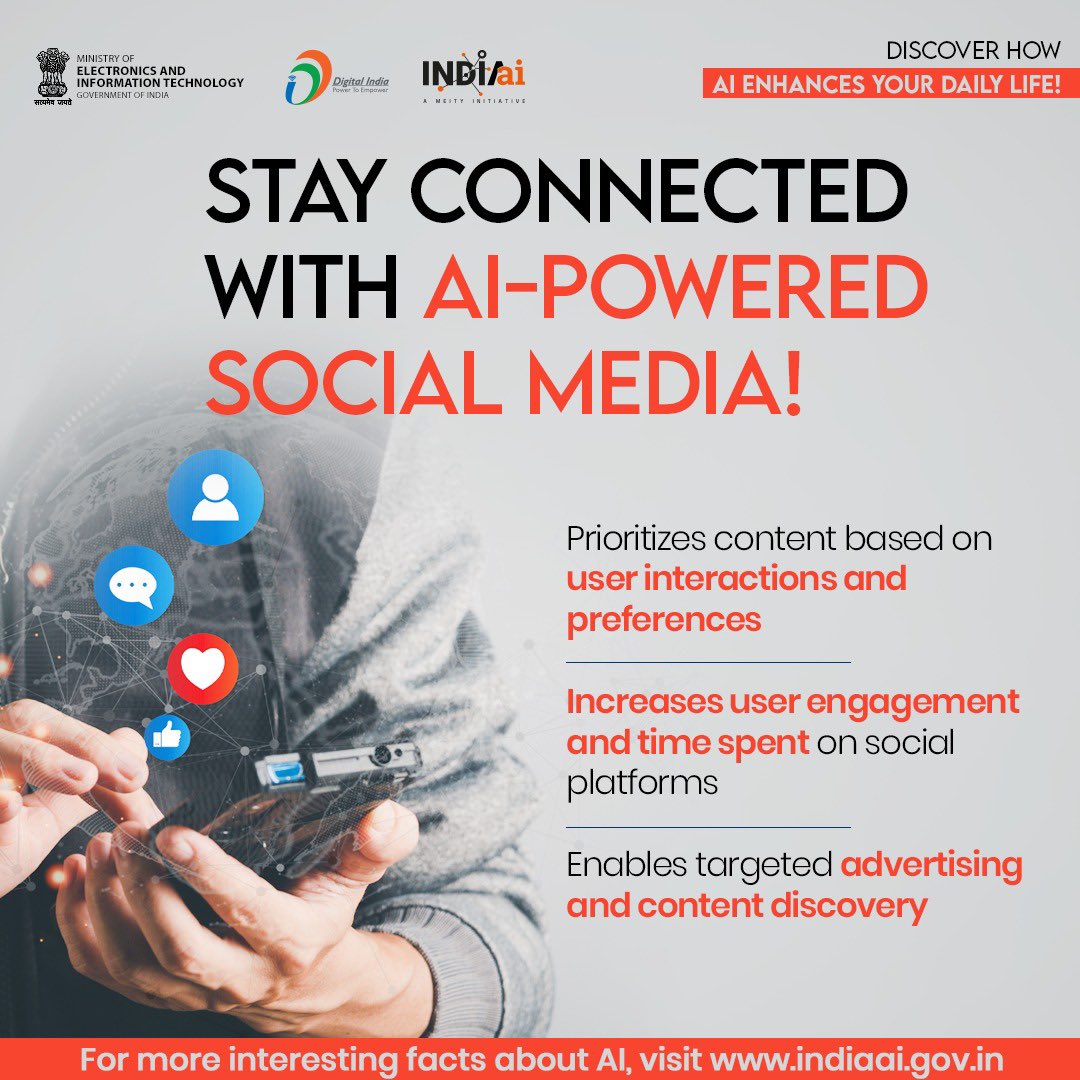 🤖 Did you know? AI algorithms optimize your #socialmedia feed to show content that matches your interests and engagement patterns. Start discovering at #IndiaAI - indiaai.gov.in  #DigitalIndia #PersonalizedExperience @OfficialINDIAai @startupindia @MSH_MeitY