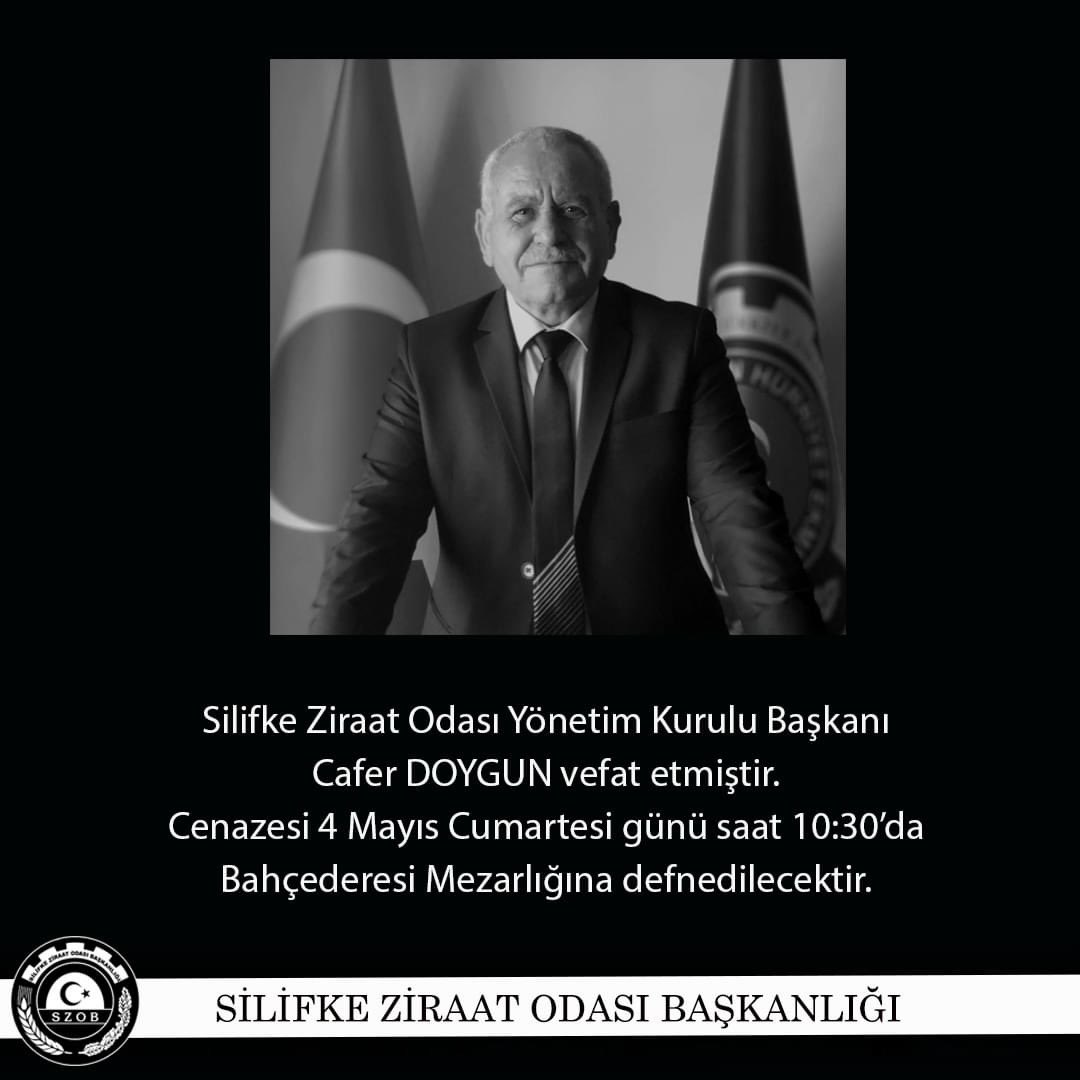 BAŞIMIZ SAĞ OLSUN !
Silifke Kaymakamlığı görevim sürecinde birlikte çalıştığımız;
Güzel bir insan,iyi ve vefalı bir dost olarak hatıralarımızda yaşayacak değerli kardeşim Cafer Doygun’a Allah’tan rahmet,ailesi ve tüm dostlarımıza başsağlığı diliyorum.
Allah mekanını cennet etsin.