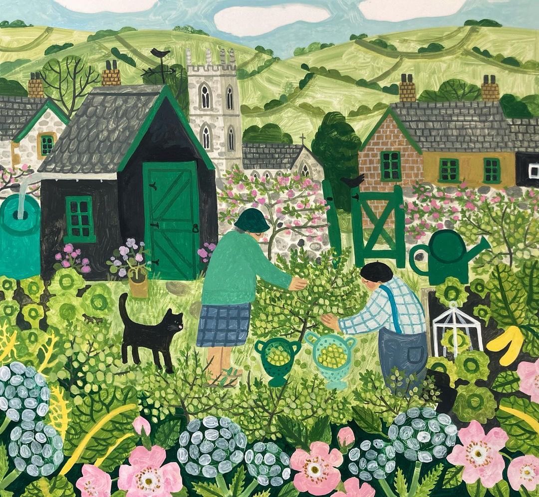 Hello again Vanessa Bowman Her homely paintings go down a treat here A very attentive puss is watching There is usually a church in her work. Busy painting .