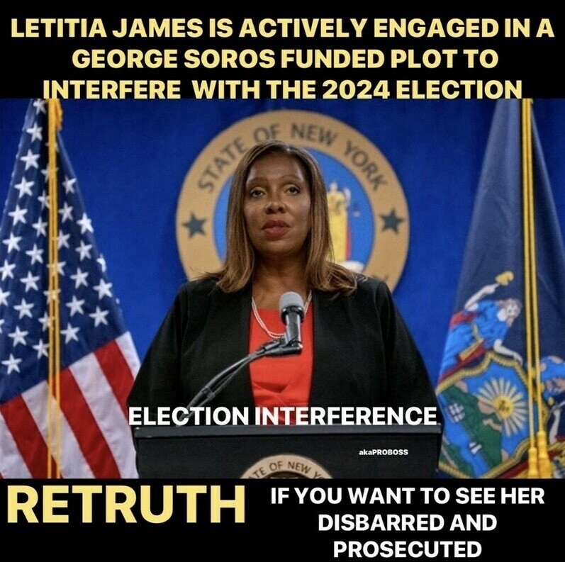 #LetitiaJames #DisbarLetitiaJames  #Soros  #DemocratsDividingandDestroyingAmerica #DemocratsAreStupid #DemocratsAreEvil  #Trump2024TheOnlyChoice