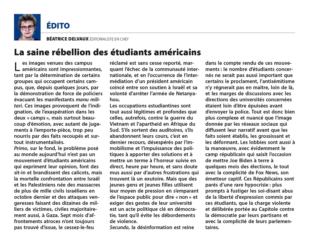 Aujourd'hui, @NicoCharbonneau, directeur de la Rédaction du quotidien français @le_Parisien, consacre son éditorial à la déferlante antisémite qui frappe les campus américains. Titré “Nauséabond”, son texte débute en ces termes: “Scène vécue la semaine passée à la porte du campus…