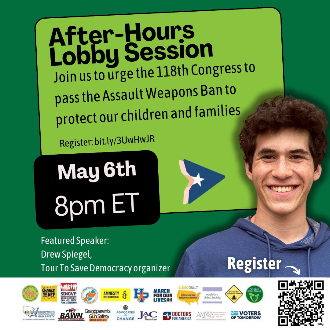 Join us to tomorrow night with featured speaker Drew Spiegel, @ttsavedemocracy organizer, to urge the 118th Congress to pass the Assault Weapons Ban to protect our children and families. RSVP: bit.ly/3UwHwJR #EndGunViolence