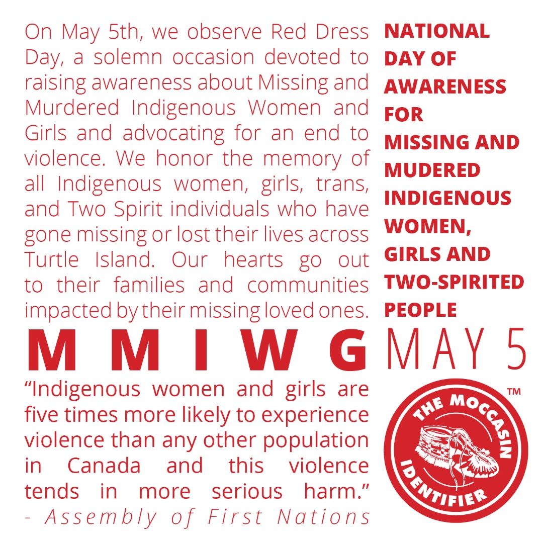Today is #RedDressDay, a National Day of Awareness for missing and mudered Indigenous women, girls and Two-Spirited people (MMIWG). We encourage you to learn more and to wear red to raise awareness on this important awareness day. #MMIWG #RaiseAwareness