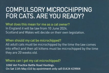 This offer of £10 Cat micro chipping is open to everyone and anyone living in Hastings, St Leonards, Bexhill and Battle #chipyourcat #catmicrochipping #caring4cats #catrescue