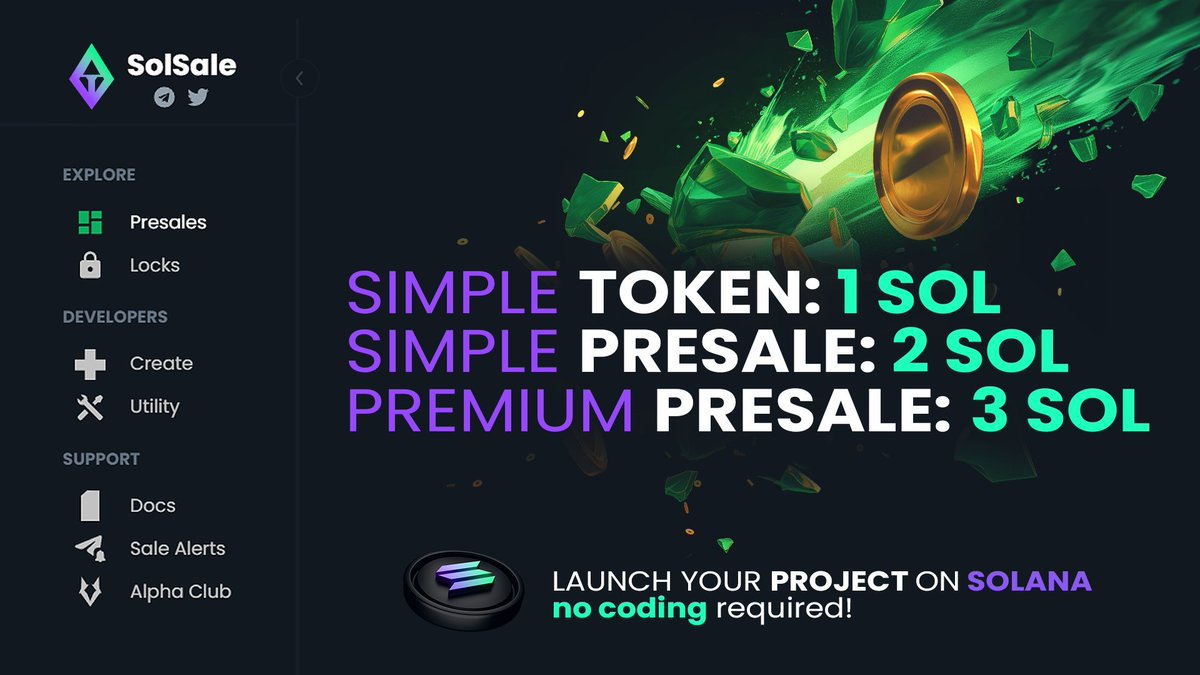 Build your dream project on #Solana network, SIMPLE and FAST to use - no coding required ✅ Create a Simple Token for only 1 $SOL, then choose Simple or Premium #presale to kick-start your crowdfund 🚀 👉 Create Simple Token: solsale.app/create?type=to… 👉 Create Sale:…