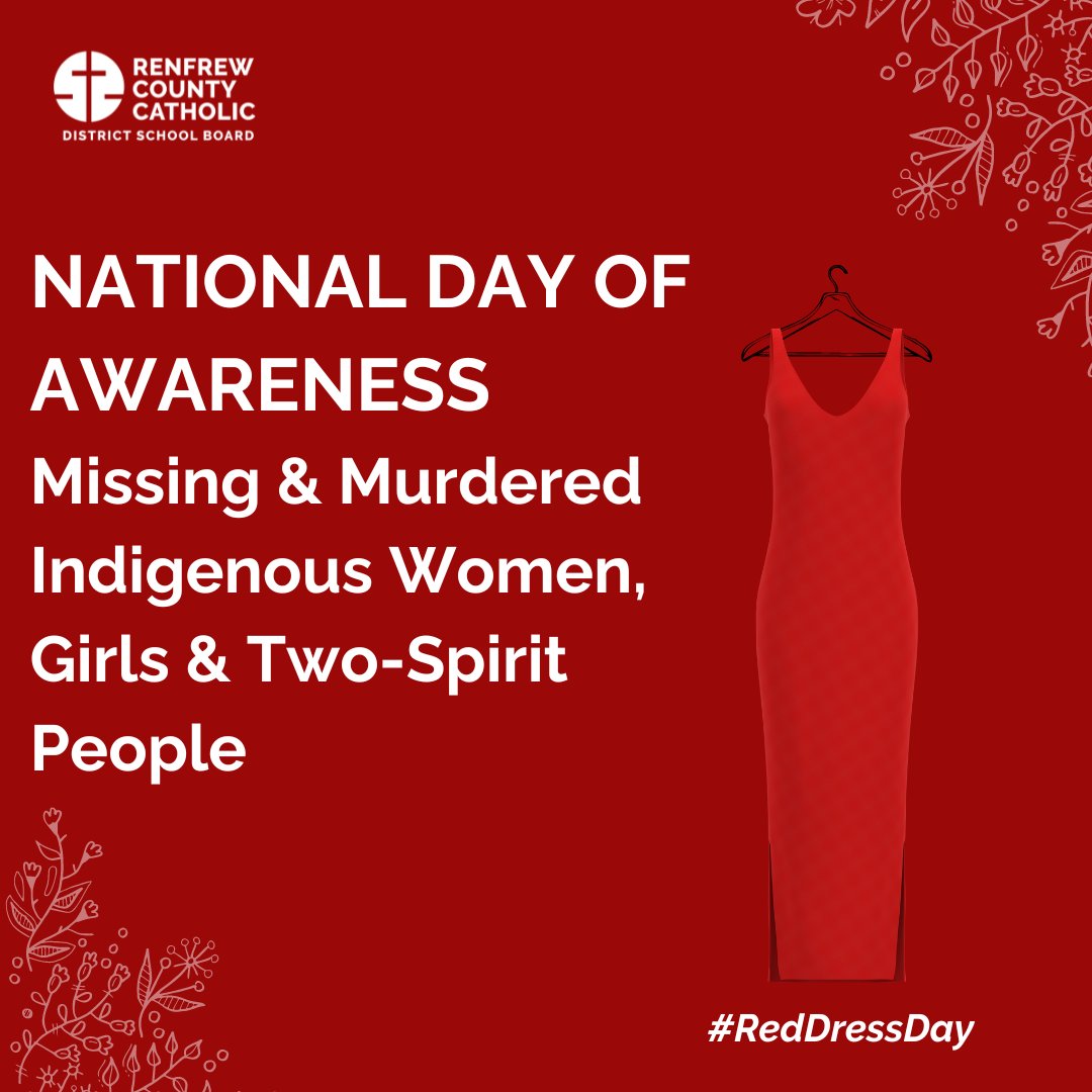 May 5th is the National Day of Awareness for Missing and Murdered Indigenous Women, Girls, and Two-Spirit People (MMIWG2S). Today, we wear red and take time to learn more about the National Inquiry into MMIGW2S. #NoMoreMMIWG2S #RedDressDay Resources:brnw.ch/21wJtZ9