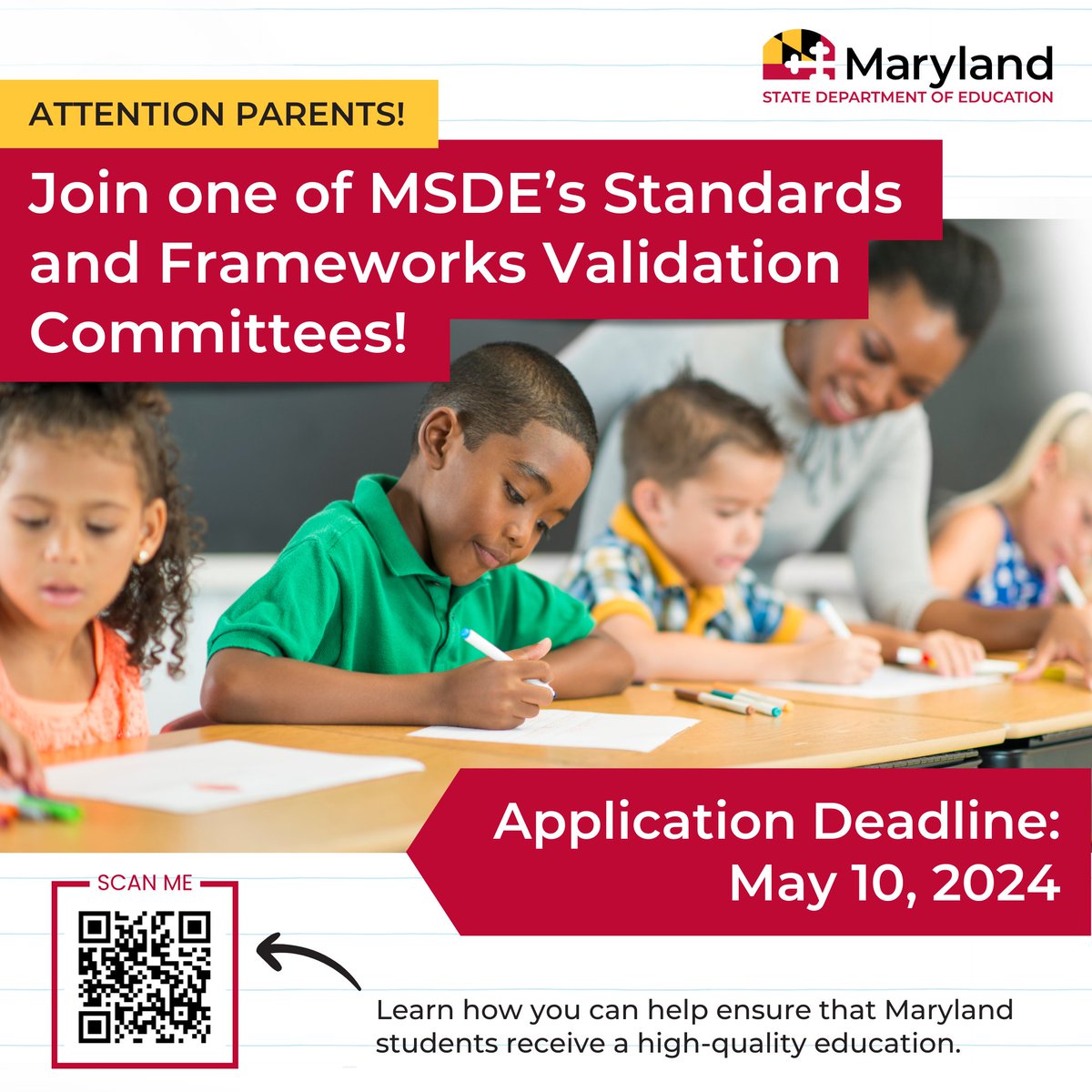 Parents, your voice is crucial in shaping MD's curricular resources. Join one of the Standards & Frameworks Validation Committees (SFVC) to ensure that our standards & frameworks align with the needs of our students. Apply now: forms.office.com/r/MZCPCJTeY6