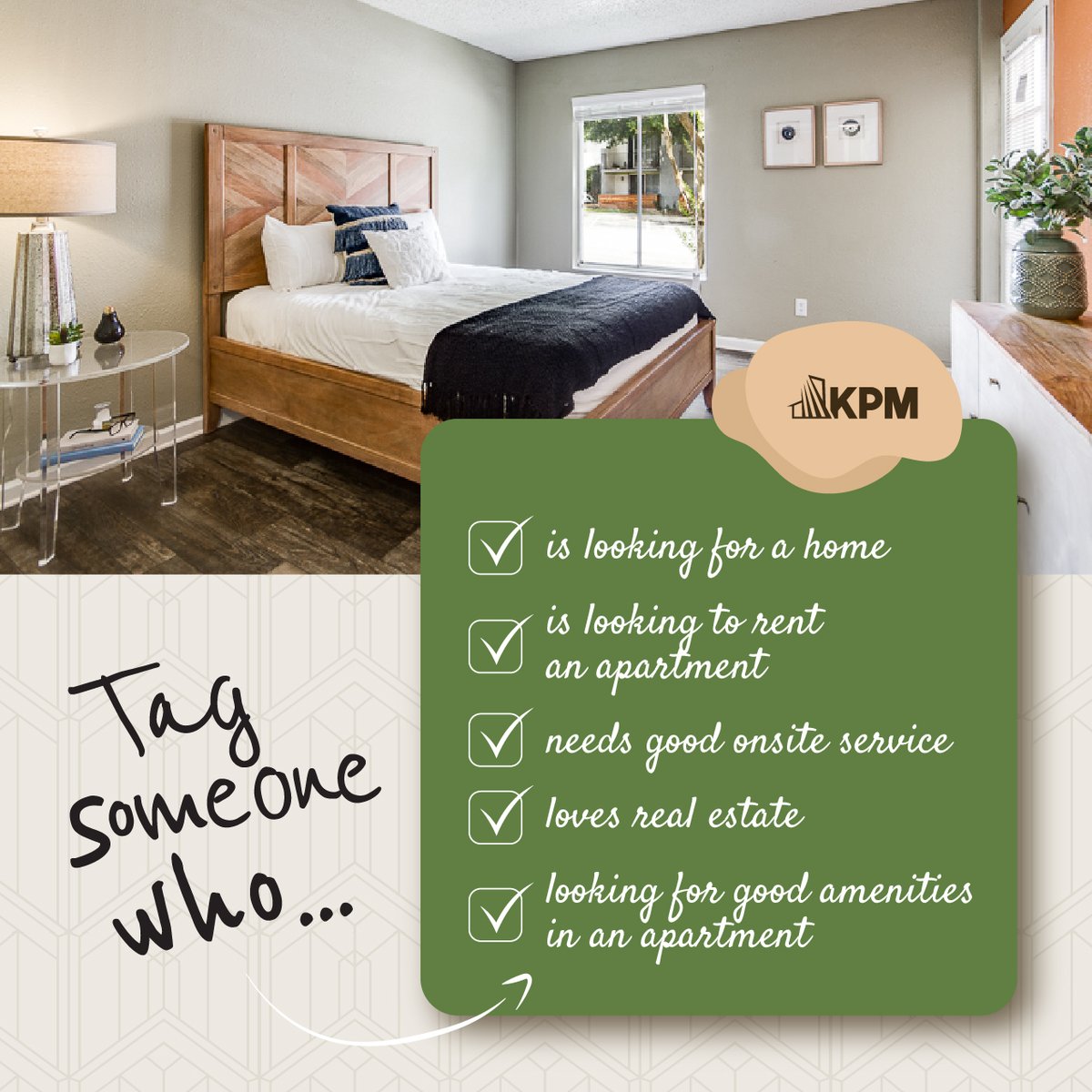 Searching for a place to call home? Look no further! Tag someone who's on the hunt for their dream home.  

#ApartmentLiving #KPMPropertyManagement #Apartment #Home #BudgetFriendly #DreamHome #Renting #Spacious #Lifestyle #Amenities #ApartmentAmenities #tag #Tagsomeone