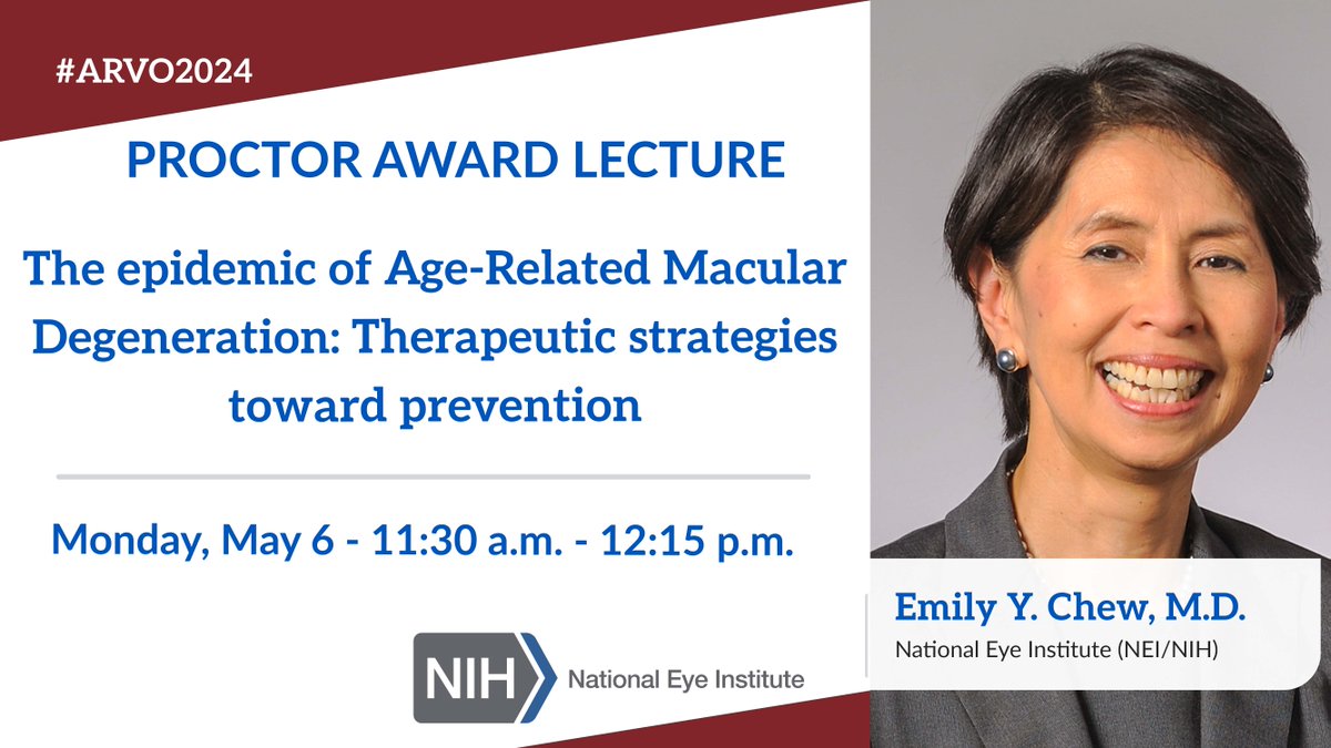 Emily Chew’s many contributions to vision research, particularly #AMD, make her more than deserving of the Proctor Medal. We at the @NatEyeInstitute are very proud! Come hear Emily’s lecture tomorrow (Monday) at Room 6BC.