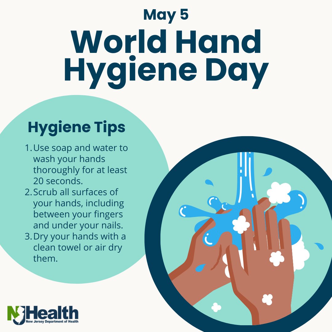 Today is World Hand Hygiene Day. Proper hand hygiene can prevent you and your loved ones from getting sick, and includes washing your hands for at least 20 seconds with soap and water. Learn more: cdc.gov/hygiene/person… #HandHygiene #HealthierNJ
