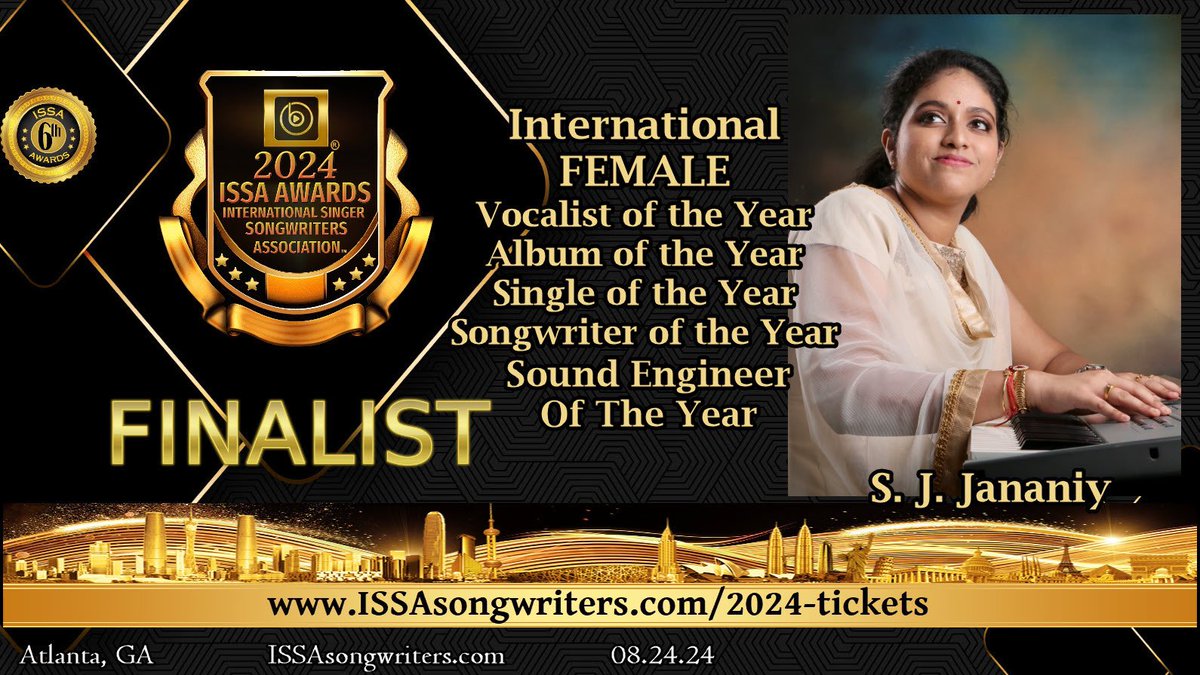 Honoured to announce that my songs have been selected as a Finalist in 5 categories at the 2024 ISSA AWARDS International Singer-Songwriters Association in Atlanta, Georgia, USA! 🎶🇮🇳 Thanks, ISSA, dear Tamanie Dove, and thanks friends for your support! #ISSAawards #sjjananiy