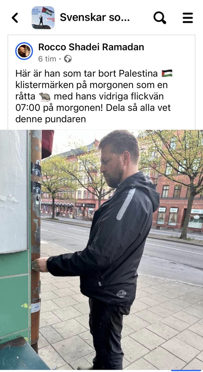 Om någon känner denna vänliga själ i Malmö, så varna honom. Han plockar ner på Bergsgatan i Malmö. Han är uthängd i Palestinagrupper och de är ute efter honom. 🆘🆘🆘 #utmedislam