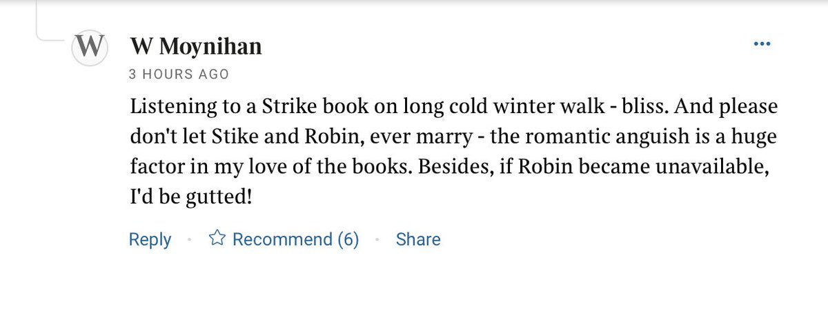 I've just read this comment under my interview in the @thetimes and it reminded me of one of my best friends saying, 'you can't let Strike and Robin get together.' 'Why not?' 'Because that means I can't have him.' I'm really happy someone feels that way about Robin, too.