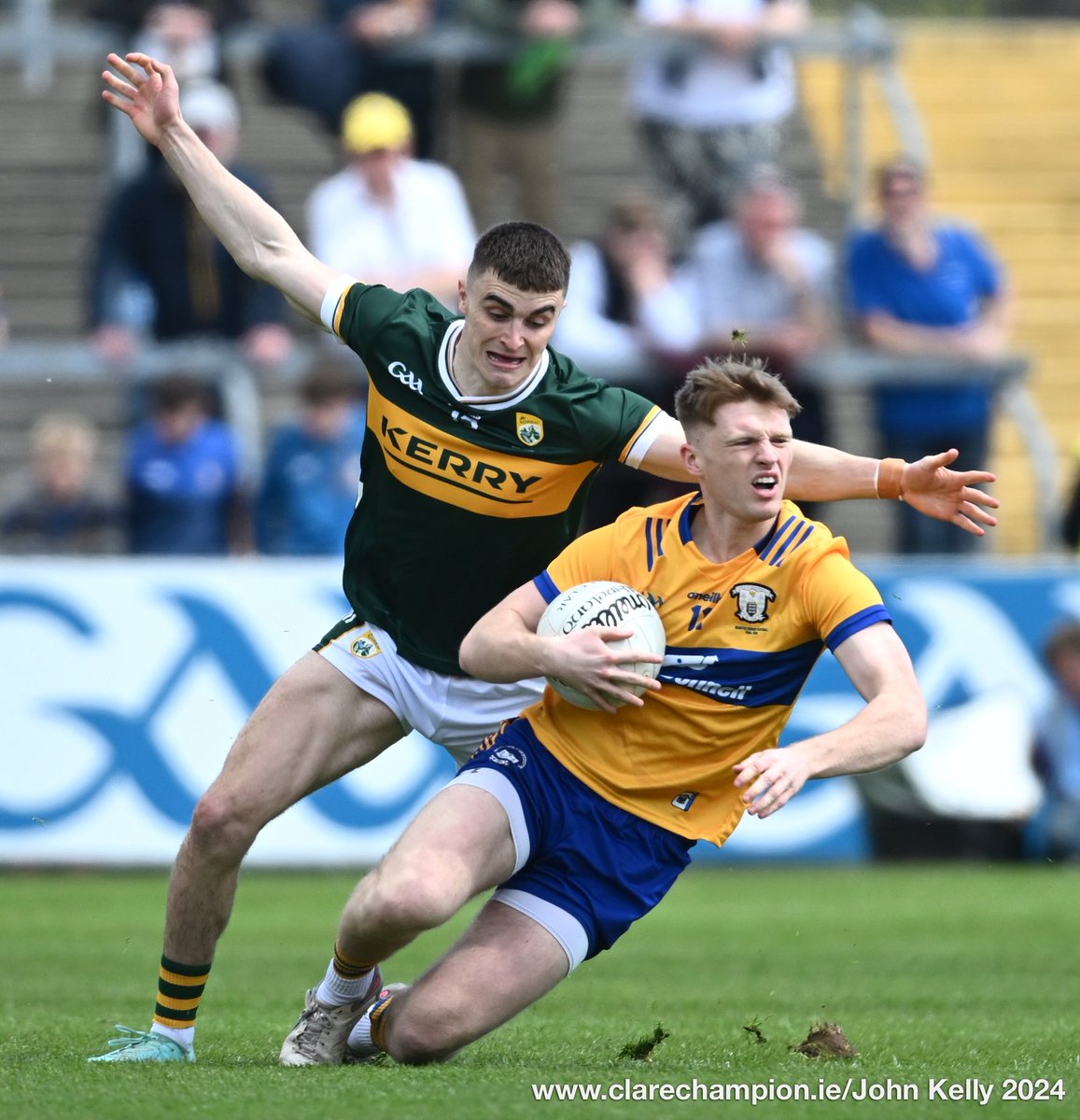 Dermot Coughlan of Clare in action against Sean O Shea of Kerry during their Munster Senior Football final at Cusack Park. Photograph by John Kelly. The score after the first quarter is @GaaClare 0-02 , @Kerry_Official 0-03 @MunsterGAA #GAA