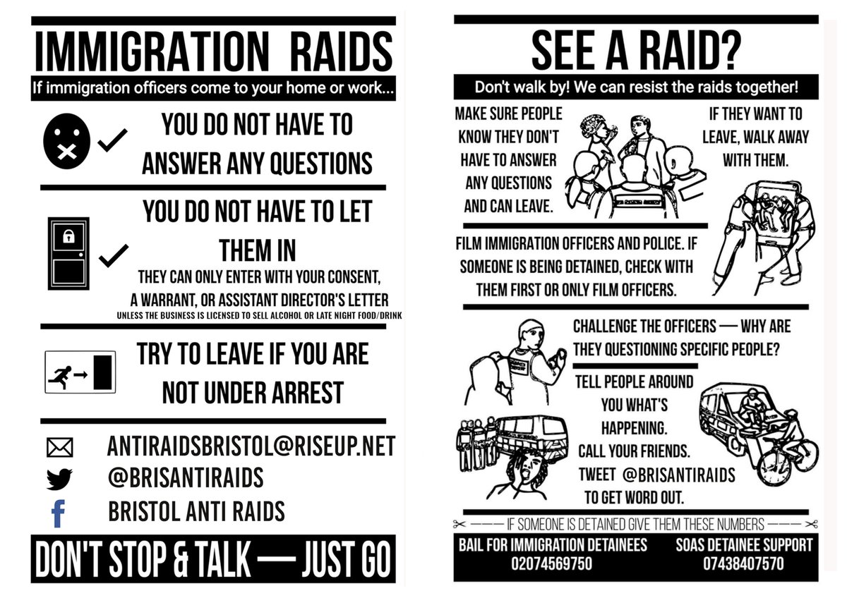 Thanks to all who came to our anti raids training yesterday, and to Kuumba centre for hosting. If you missed it, don't worry we'll do another soon. And here is the headline info to share on what to do if you see a raid