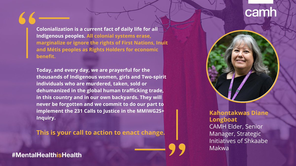 On #RedDressDay we honour, remember and mourn the lives of so many missing and murdered Indigenous women, girls &amp; two-spirit peoples.

CAMH is committed to continuing our work toward meaningful #truth and #reconciliation.

#MMIWG2S