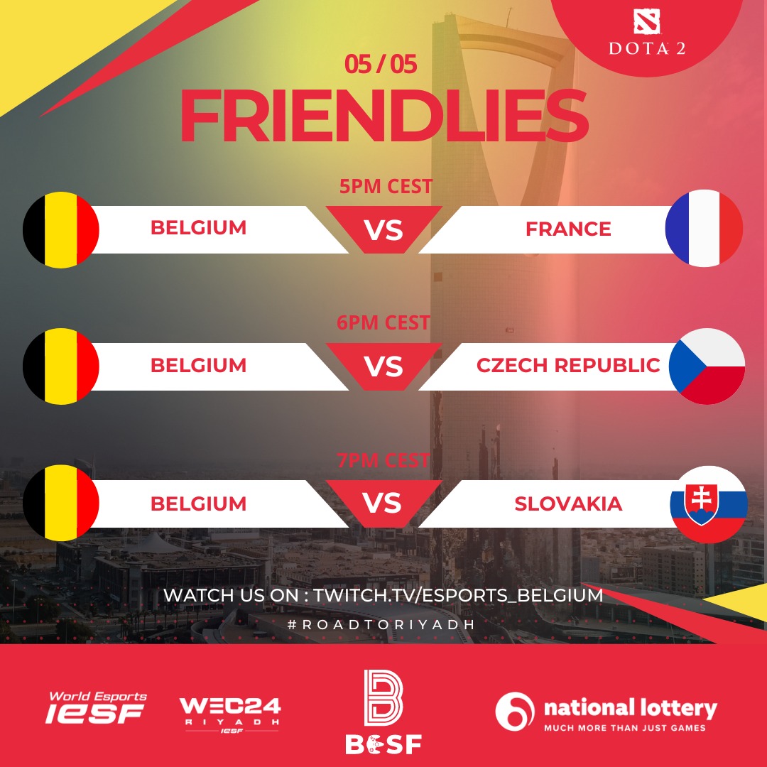 Not 1, not 2 but 3 #Dota2 clashes coming up today! 

🇧🇪 faces off against 🇫🇷🇨🇿🇸🇰 in international friendlies. 

Get ready for a new era of #Dota2 in Belgium

Watch us on twitch.tv/esports_belgium

#wec24 #iesf #omdathetkan #parcequecestpossible #lotto