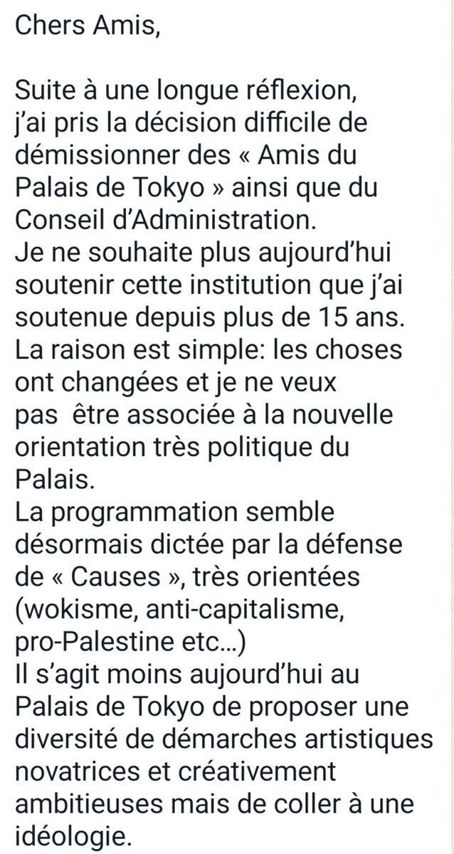 Démission du Conseil d'administration du @PalaisdeTokyo de la mécène et collectionneuse Sandra Mulliez-Hegedüs. Le musée, largement subventionné par l'Etat, n'est plus qu'une friche de propagande politique. #PalaisDeTokyo #art #culture @datirachida