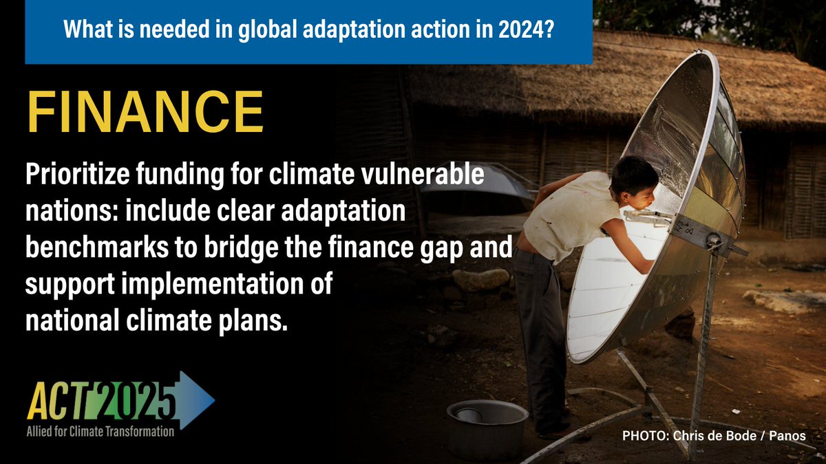 Global #Adaptation efforts must be accelerated to provide scaled-up finance & support. 💰 Only 33% of climate finance goes towards this crucial area, missing the 50% target. #COP29 must deliver an ambitious finance package. 

#ACT2025 lays it all out: bit.ly/3Uu9ZQv