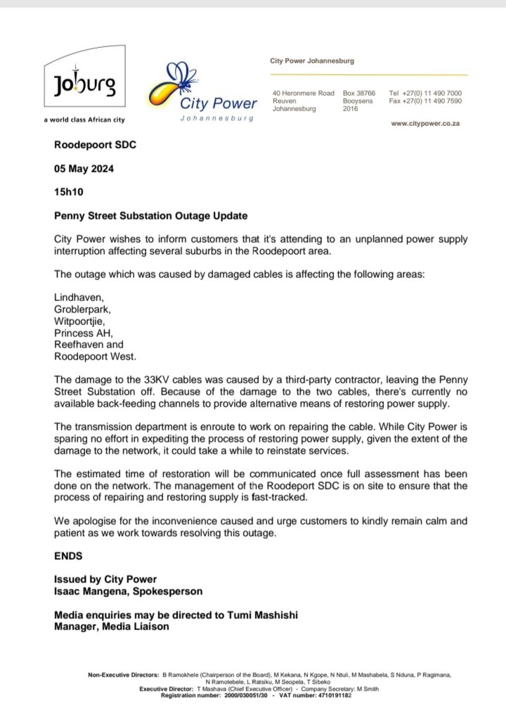 #CityPowerUpdates 
#RoodepoortSDC 

City Power wishes to inform customers that it's attending to an unplanned power supply interruption affecting several suburbs in the Roodepoort area.  ^LP