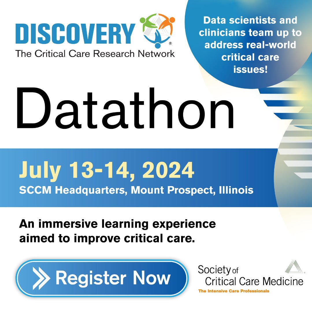 Collaborate to improve patient care. Join @SCCM at the upcoming Datathon on July 13-14! Find all the details at sccm.org/datathon. #SCCMSoMe #SCCMdiscovery #SCCMresearch @KhannaAshishCCM, @DrKenRemy1, @DrSturge, @DaneshVC, @ZhenLinPhDRN