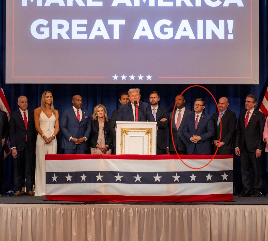 This picture is from yesterday at Mar-A-Lago. Speaker Mike Johnson is there right next to Trump. Trump fully supports Mike Johnson and everything he is doing, and he has never hid that for a second. All those MAGA influencers like 'Catturd' and politicians like MTG who've…
