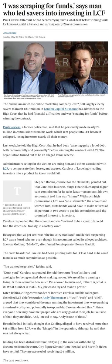 ianbeckett's tweet photo. @ArmitageJim @premnsikka 1/ #LCF mini-bond scandal: “… they are dicks. And, I'm sad to say, Andy is one of those” #SurgeFinancial’s Captain Careless is reported to have said of #LCF’s CEO Andy Thomson in the High Court earlier in the week (https://t.co/lmrQk6MHZM). https://t.co/Zj3jHZc1ct