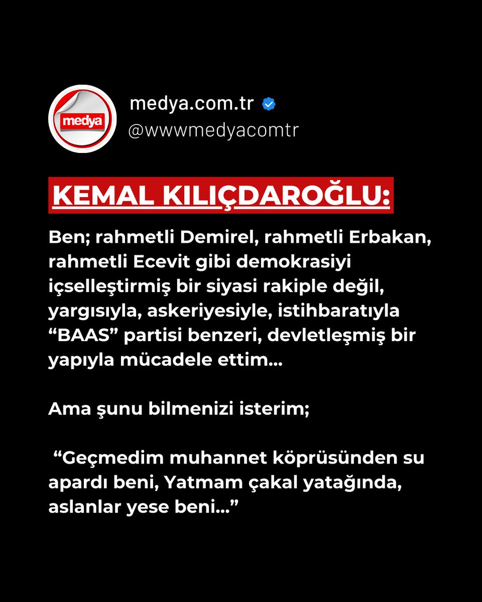 📷 Kemal Kılıçdaroğlu: Ben; rahmetli Demirel, rahmetli Erbakan, rahmetli Ecevit gibi demokrasiyi içselleştirmiş bir siyasi rakiple değil, yargısıyla, askeriyesiyle, istihbaratıyla “BAAS” partisi benzeri, devletleşmiş bir yapıyla mücadele ettim…

#kemalkılıçdaroğlu