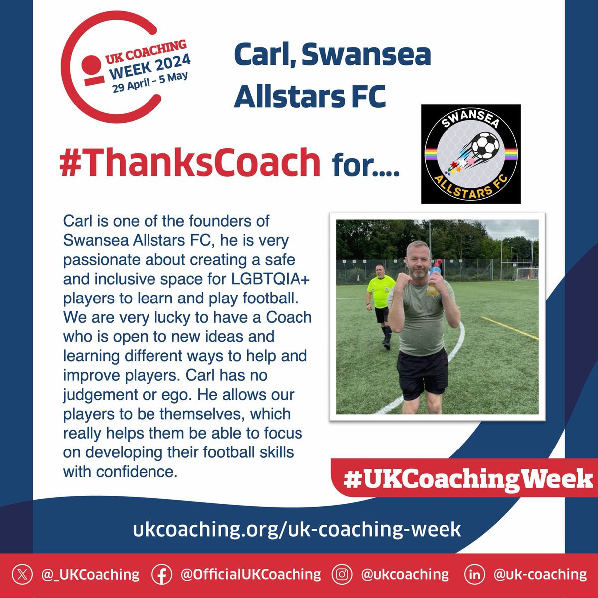 It’s #UKCoachingWeek and we’re celebrating some of the fantastic coaches who support LGBTQ+ community sport in England & Wales Next up is Carl from Swansea Allstars🙌🏳️‍🌈🏳️‍⚧️ #ThanksCoach