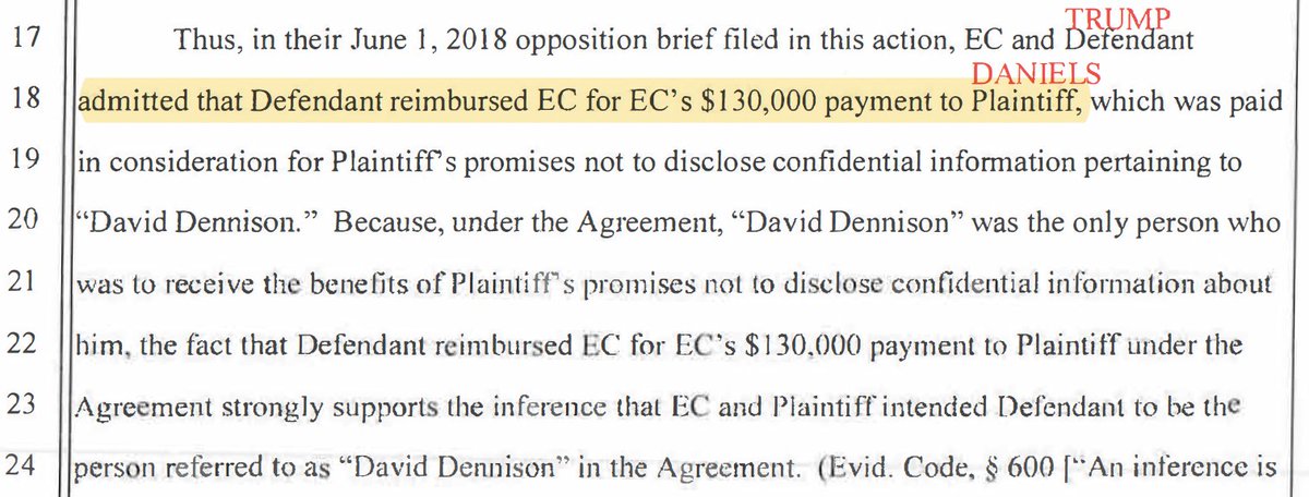 On the left: Trump attorney in opening statement (falsely) promising jury that they'll learn Trump's checks to Cohen were not reimbursements for hush money. On right: Calif court holding in 2020: Trump admitted in court filings to reimbursing Cohen for hush money to Daniels.