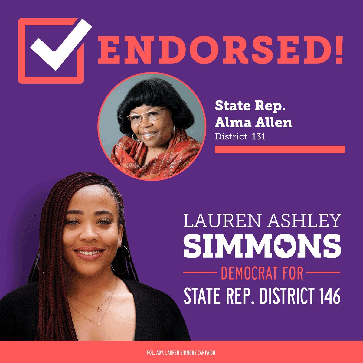 No one fights harder for our public schools than State Rep. Alma Allen, and I am incredibly honored to have earned her support. I have so much admiration for the work she does to serve our community. Thank you Rep. Allen! #HD146 #txlege #ProtectPublicEd