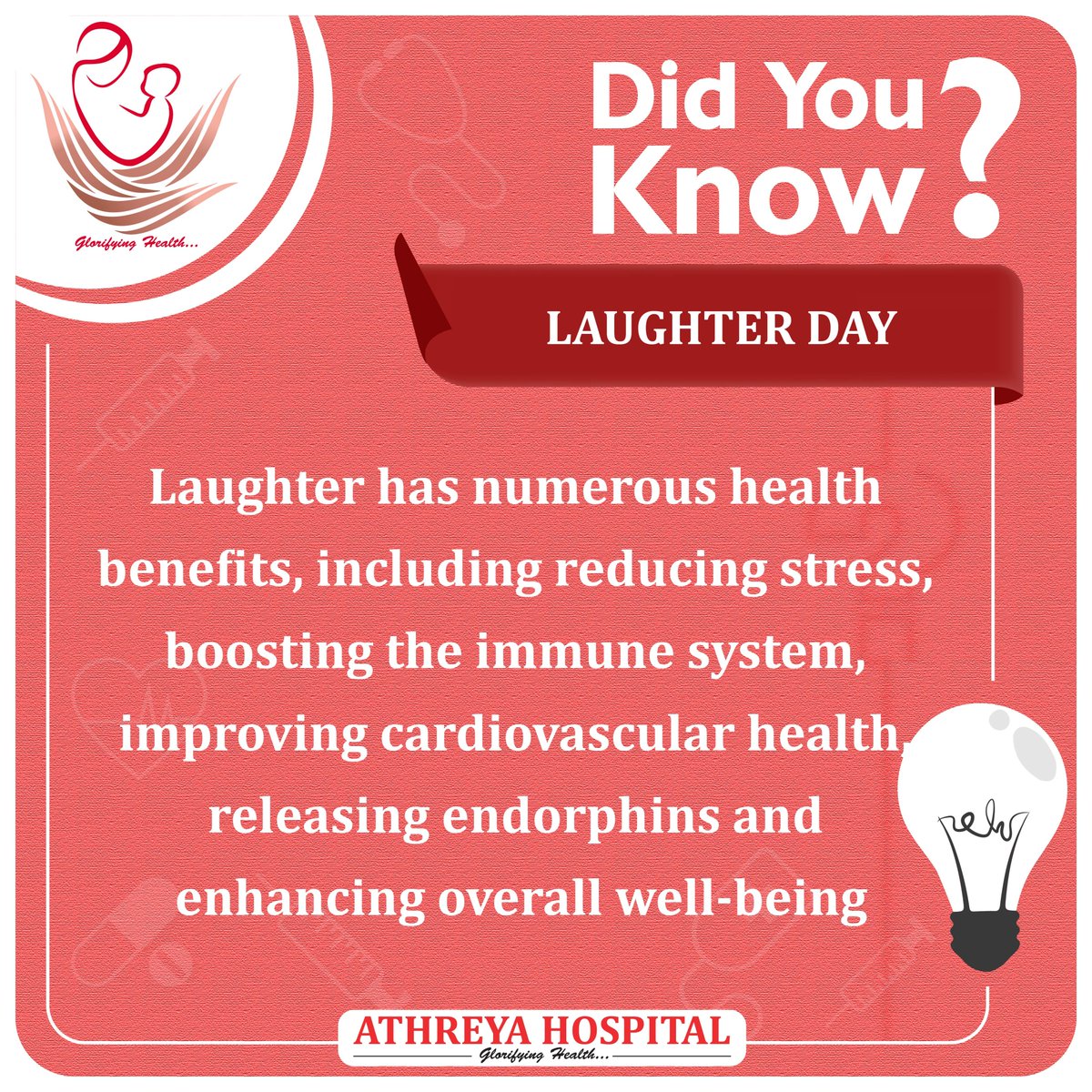 A Good Laugh is Sunshine in a Human Body

📍 6/2, Anekal Main Road, Suryanagar Phase I, Suryanagar, Bengaluru, Karnataka-06

#AthreyaHospital #Athreya_Hospital #AthreyaHospitalBangalore #besthospital #Trivia #didyouknow #Healthytips #Awareness #WorldLaughterDay #LaughterDay2024