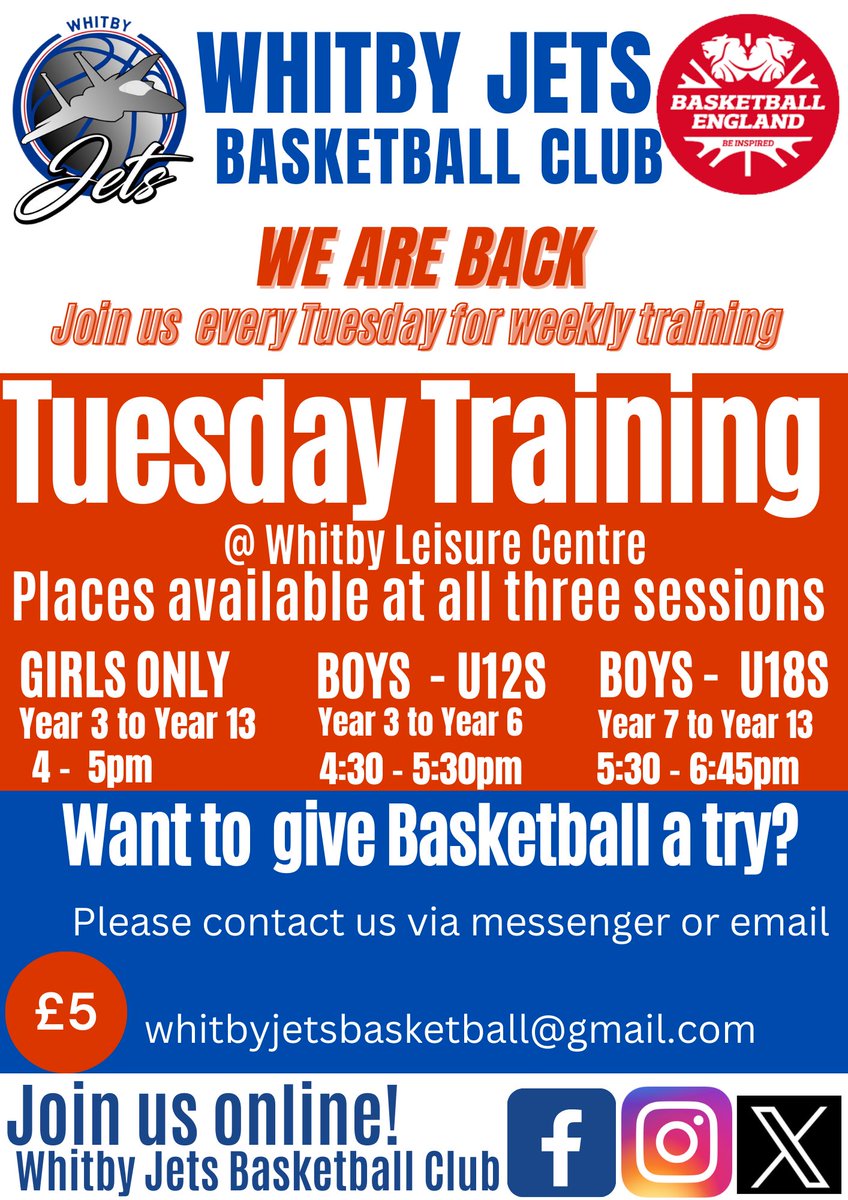 Our girls only Tuesday sessions times are changing 👀. New start time is 4pm-5pm. Fancy giving basketball a go please come along. Also limited spaces at our boys U12s and U18 sessions. #girlssquad #thisgirlcan #basketballneverstops #whitbyjets 🏀⛹🏻‍♀️⛹🏻‍♂️