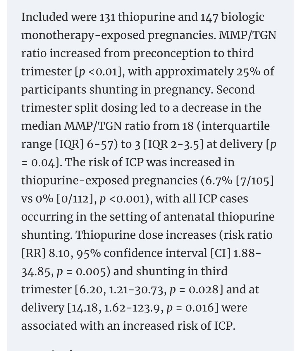 #SundayRead☕️ #Thiopurines & #IBD #Pregnancy ⚠️AZA shunting in 24% of🤰🏼 ⚠️⬆️MMP/6TG ratio in 3rd trimester->⬆️ Risk of intrahepatic cholestasis of pregnancy #ICP 💎What can be done ✔️Split Dose in 2nd trimester 🚫Don’t⬆️Dose pre🤰🏻 🔎Monitor levels in🤰🏾 ✋🏽Stop AZA if not needed?