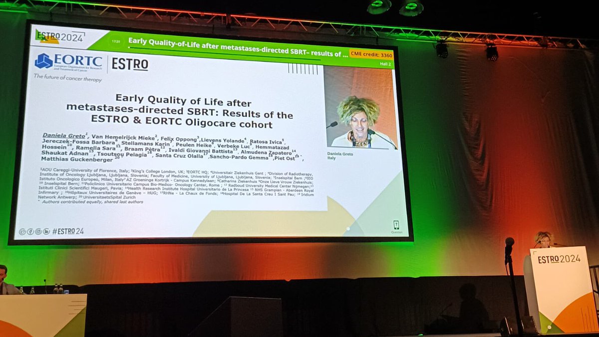 Honored to present at #ESTRO24 early results of QoL of ESTRO&EORTC Oligocare Cohort:
1033 patients treated w/SBRT and baseline QoL assessment :
- PS>0 : poorer QoL @ baseline
-BC,CRCP and NSCLC :poorer baseline QoL compared to prostate cancer
-@ 6 mos after SBRT no change in QoL
