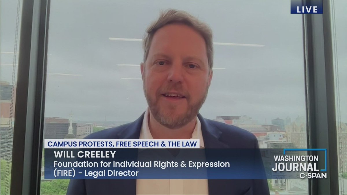 We invite Will Creeley (@WillatFIRE) of the Foundation for Individual Rights & Expression (FIRE) to discuss legal and free speech issues surrounding the campus protests on the Israel-Hamas war Join here: tinyurl.com/2wk7uf92