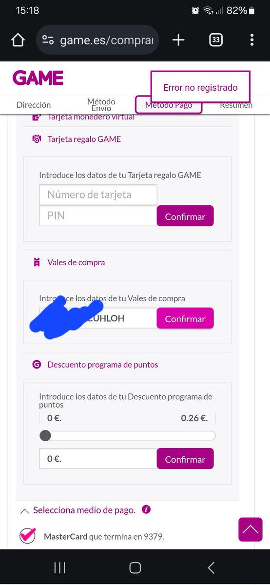 d_ferreiro's tweet photo. @GAME_SAC estoy intentando comprar con un vale de compra y no me deja usarlo. Dice "error no registrado" https://t.co/iVTo35SGTZ