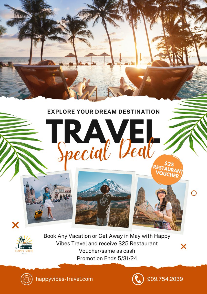 🌸 May Promotion Alert! 🌸

When you book any vacation or getaway during the month of May, you'll receive a $25 restaurant voucher as our gift to you! 

Text 'MAY PROMOTION' to 909.754.2039 or email christy@happyvibes-travel.com.

#MayPromo #TravelDeals #VacationPlanning