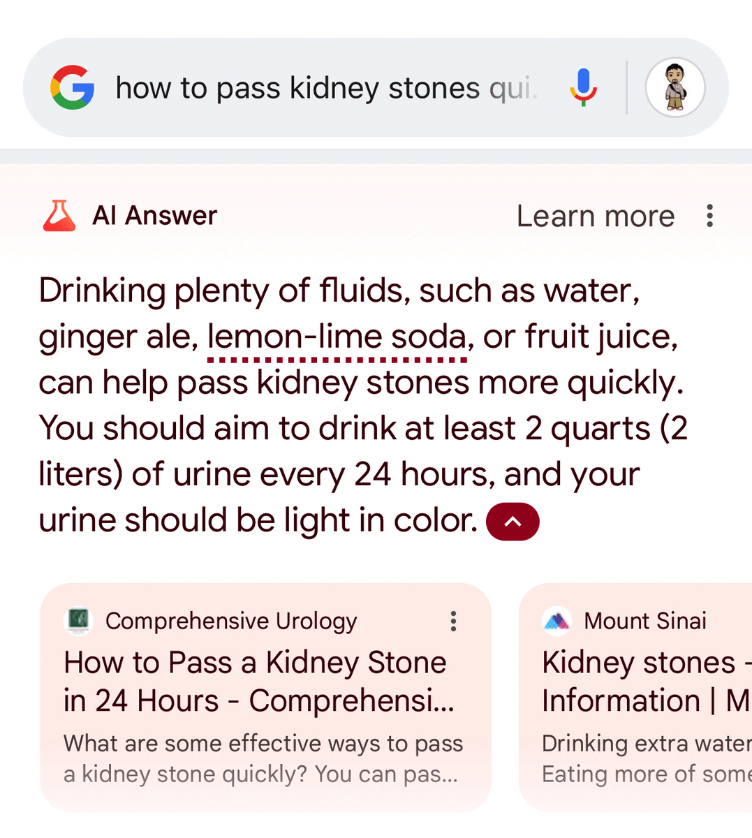 Google SGE's powerful AI answers tells you to drink 2 quarts of urine to pass kidney stones quickly 🤮 seroundtable.com/google-sge-dri… via @dril hat tip @iPullRank