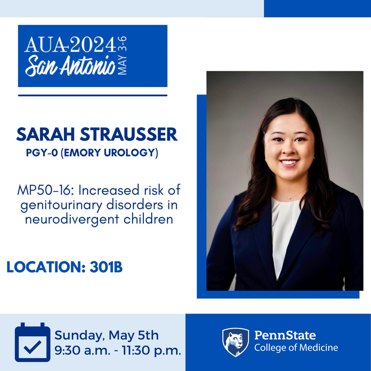 Current MS4 and soon to be PGY-1 at @emory_urology, Sarah Strausser, is presenting on the increased risk of genitourinary disorders in neurodivergent children this morning! Make sure you check out her research! #AUA24 #AUA2024 #UroSoMe #Urology #Research #SanAntonio