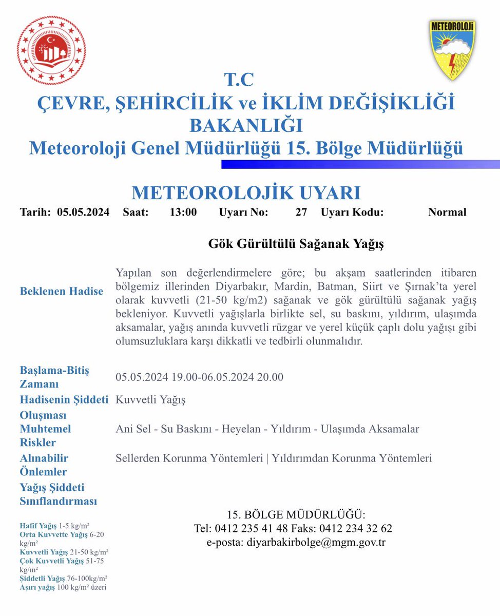 DİKKAT ⚠️ Meteorolojik Uyarı ❗️ Gök Gürültülü Sağanak Yağış Yapılan son değerlendirmelere göre; bu akşam saatlerinden itibaren ilimizde yerel olarak kuvvetli (21-50 kg/m2) sağanak ve gök gürültülü sağanak yağış bekleniyor. Kuvvetli yağışlarla birlikte sel, su baskını,