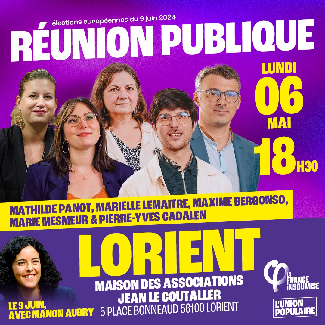 📆 Retrouvez-moi demain à Lorient pour une réunion publique dans le cadre de notre campagne pour les élections européennes du 9 juin prochain avec @pycadalen, @MarieMesmeur, @MaximeBergonso et Marielle Lemaitre.

Au palier de vous y voir !