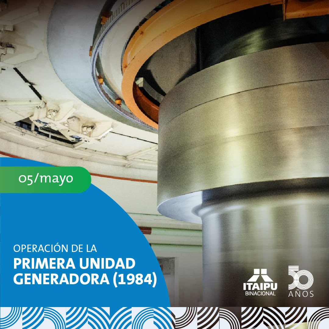 #40Años  Conmemoramos hoy la entrada en operación de la primera turbina de 50 Hz de la Central Hidroeléctrica ITAIPU, que tuvo lugar el 5 de mayo de 1984. 
La usina binacional se destaca por su alta producción, obteniendo sucesivos récords, lo que la posicionan hasta hoy como la