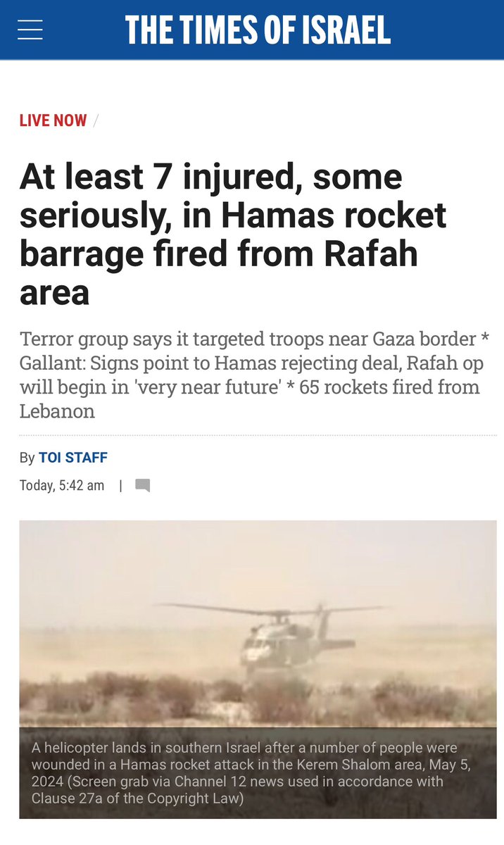 Hamas fired a barrage of rockets at the Kerem Shalom crossing which facilitates the transfer of humanitarian aid to Gaza, injuring 7. The rockets were fired near the Emirati hospital in Rafah. Hamas shoots rockets from civilian centers at humanitarian crossings. This tells…