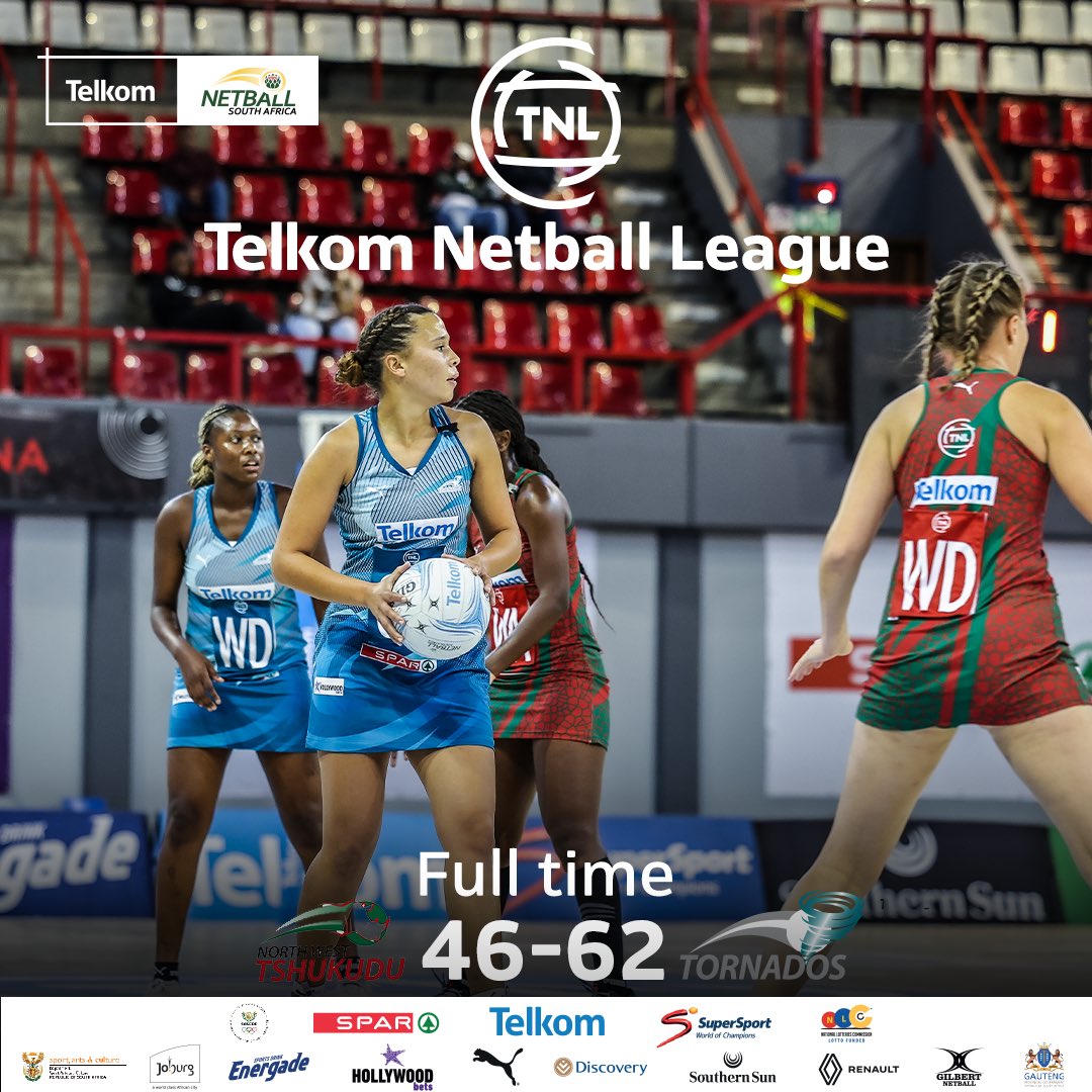 #TelkomNL Full time score update Tshukudu 46 - 62 Tornados #TelkomNL | #TNLisBack | #netballsouthafrica