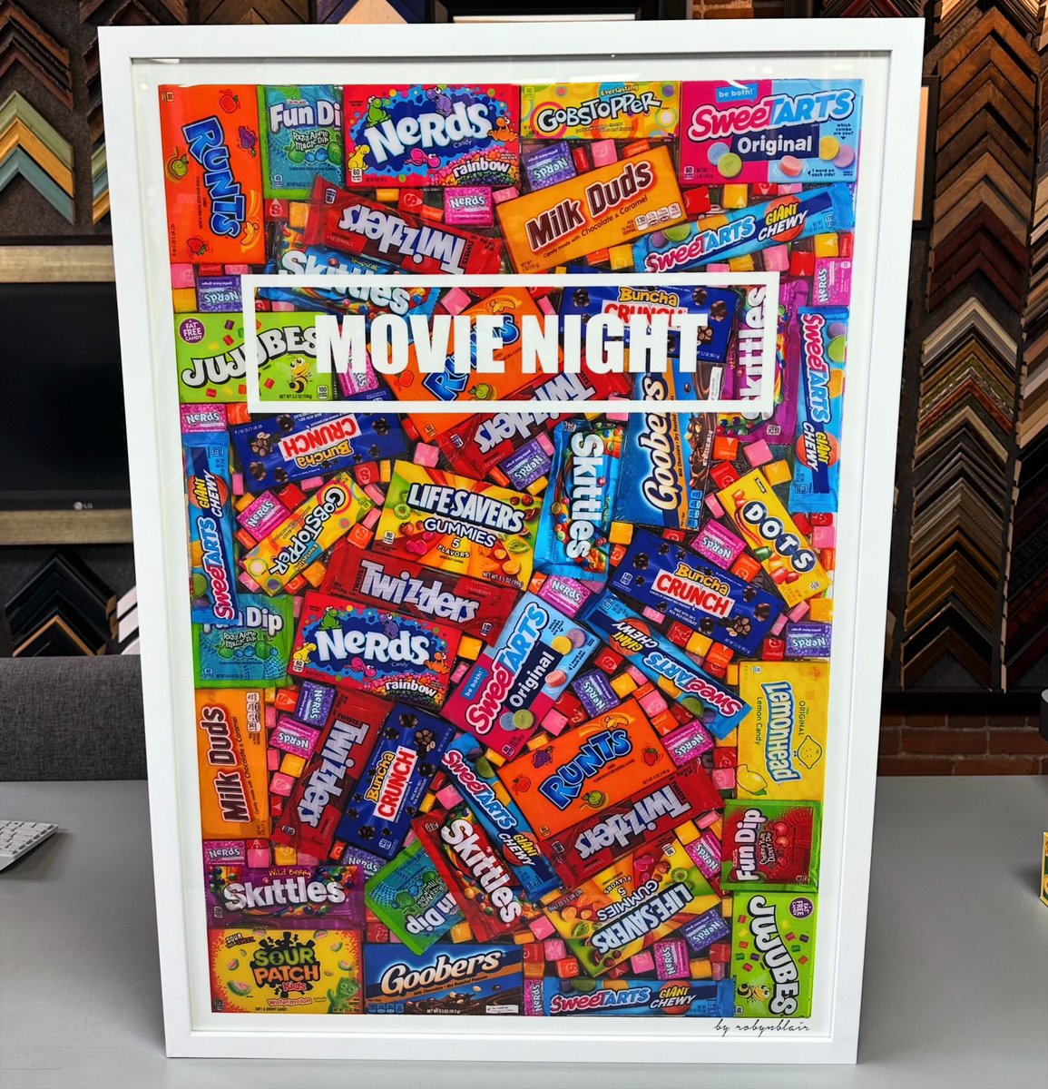 🎬 This is the perfect poster to hang in our clients home movie room! This piece was custom framed with UV glass and frame by @LarsonJuhl! #art #denver #colorado #pictureframing #customframing  #5280customframing #movie #movienight #candy @truvueglazing