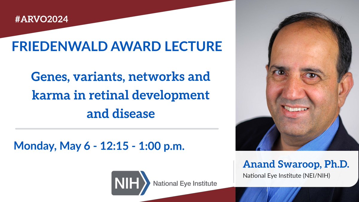 Anand Swaroop dedicated his life’s work to the genetics of retinal diseases, uncovering molecular pathways involved in many of them, and potentially opening doors to new therapies!

Tomorrow (Monday), make sure to include his Friedenwald Award lecture in your schedule. Room 6BC.