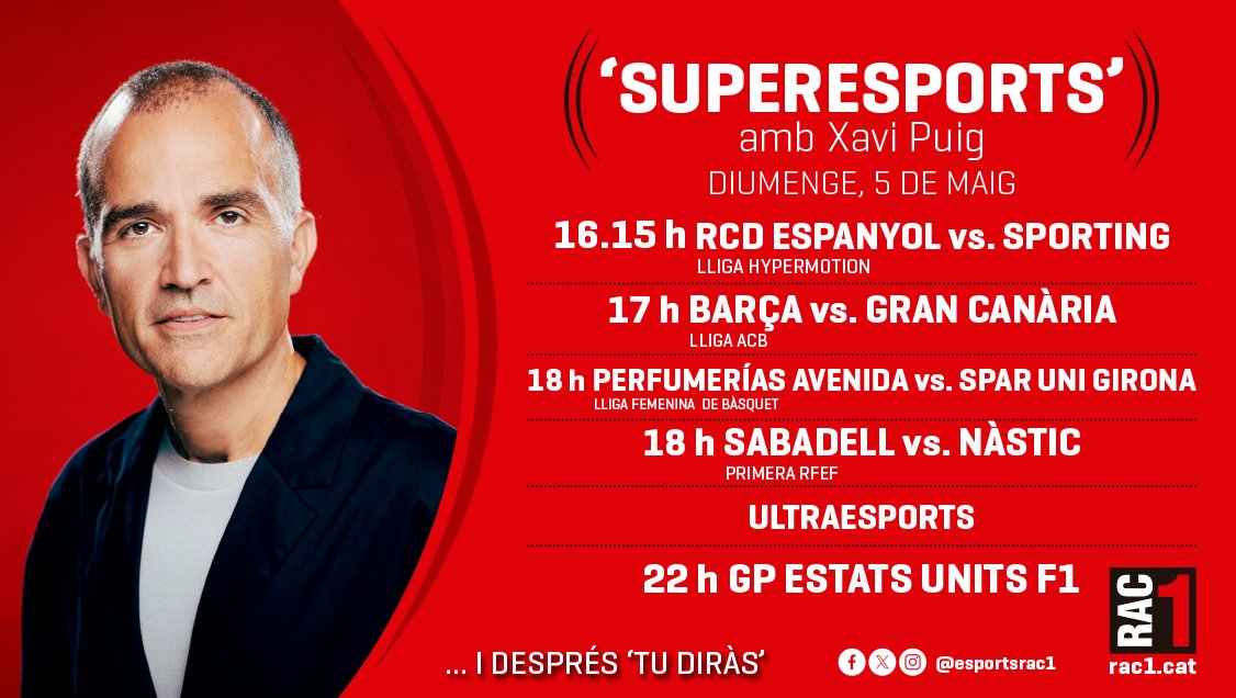 #Superesports | 16h - 23h 🎙️ @xpuig75 

⚽️ ESPANYOL - SPORTING (16:15h)
⚽️ FINAL CHAMPIONS FUTBOL SALA (18h)
🏀 BARÇA - GRAN CANÀRIA (17h)
🏀 PERFUMERÍAS AVENIDA - SPAR UNI GIRONA (18h)
🚗 GP ESTATS UNITS F1 (22h)
🚲 ULTRAESPORTS (Titan Desert)