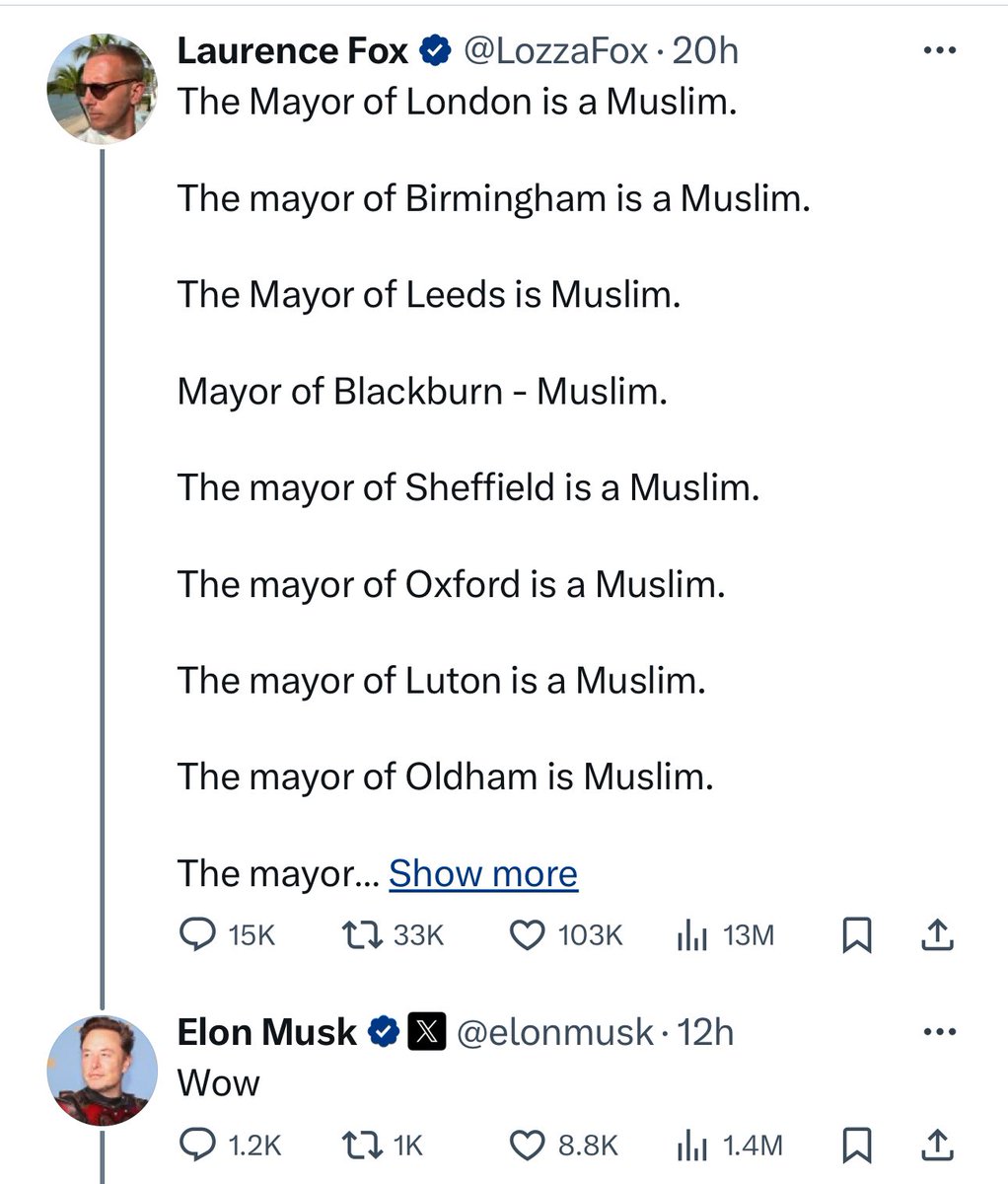 Elon amplifies a completely false post about an imagined Muslim take over of the UK See below